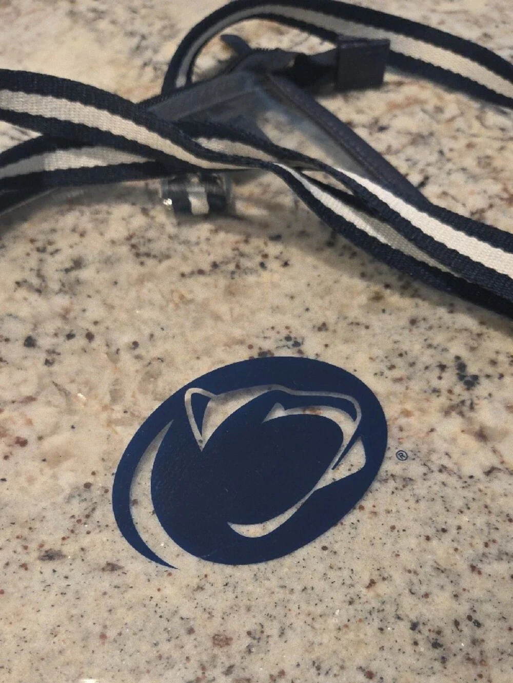 Clear Crossbody Penn State Pouch with Navy Trim and Striped Strap